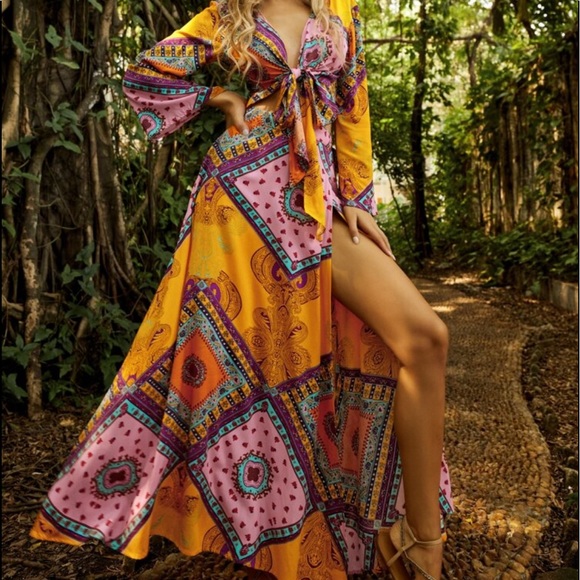 Boho Festival Floral Scarf Print Slit Maxi Skirt and Crop Top Blouse - Picture 2 of 8